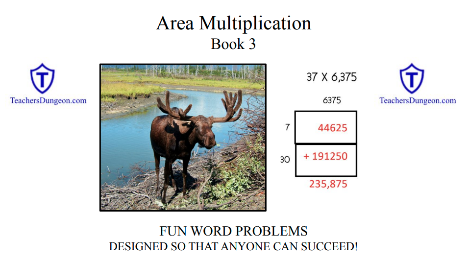 Step-by-step area multiplication strategy solving 37 times 6,375 using area boxes and skip counting for students who don’t know all their multiplication facts.