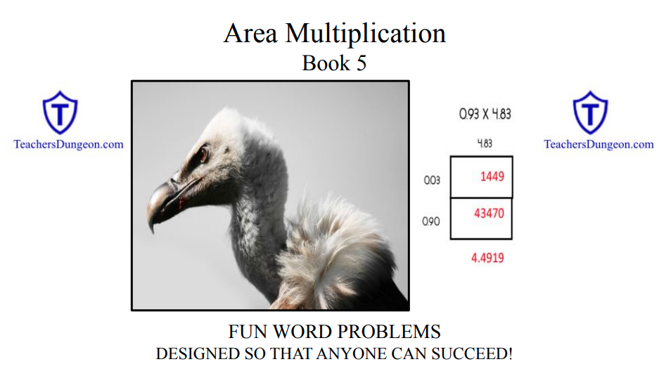 Step-by-step area multiplication strategy solving 0.93 times 4.83 using area boxes and skip counting for students who don’t know all their multiplication facts.