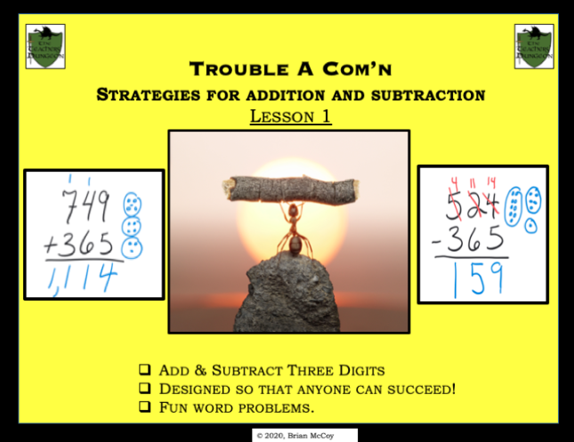 Strategies for addition and subtraction, including number sense, regrouping, place value, and mental math techniques