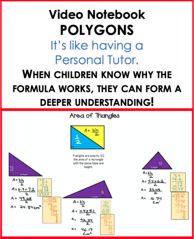 Visual explanation of why the area of a triangle formula works, designed for elementary students to build conceptual math understanding