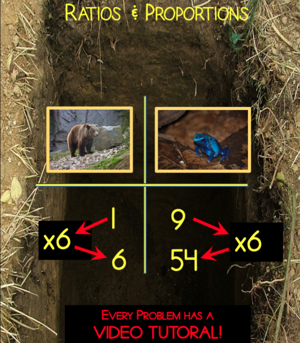 Creative math scenario showing ratios and proportions with grizzly bears and poisonous frogs in a deadly pit