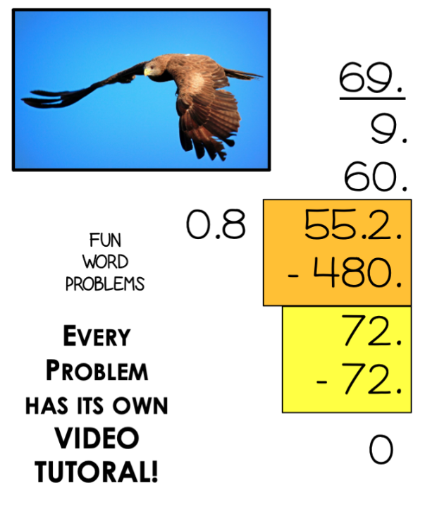 Henrietta Hawk flies 15.52 kilometers to find food in a math word problem using area division instead of long division to convert kilometers to miles.
