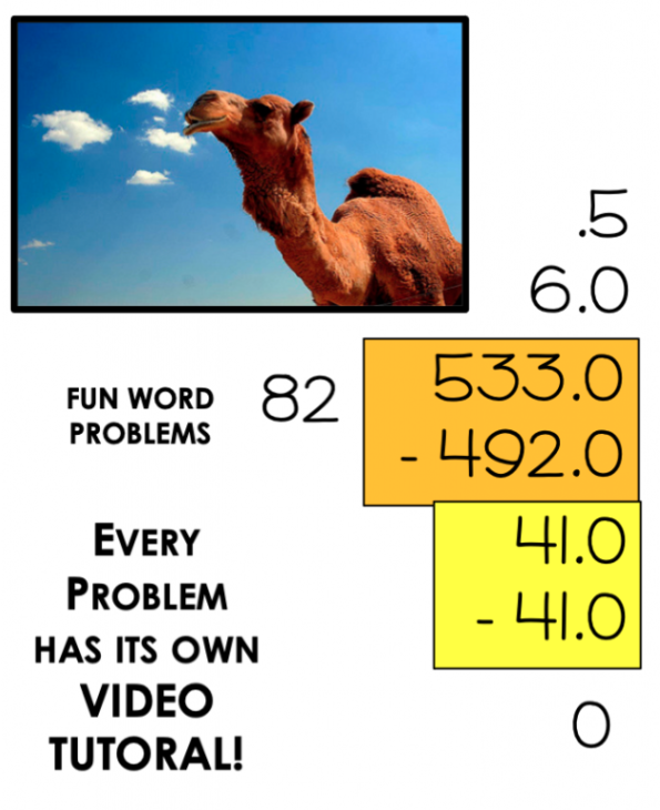 Step-by-step math visual showing how to divide numbers when the quotient is a decimal