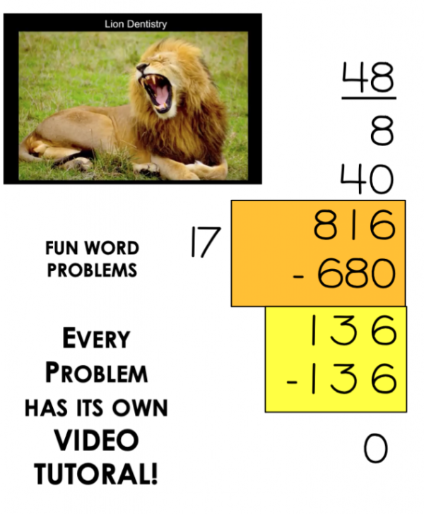 Step-by-step long division example showing how to divide 816 by 17 with visual support