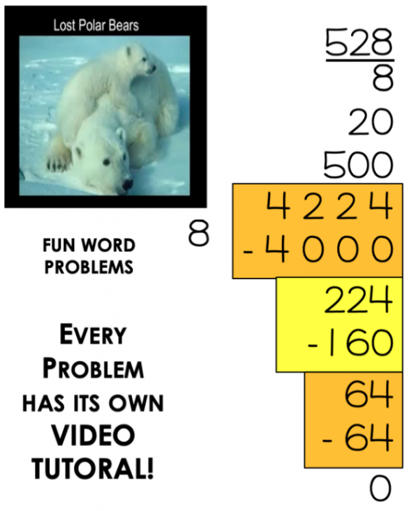 Long division example for kids showing how to divide 4224 by 8 step-by-step
