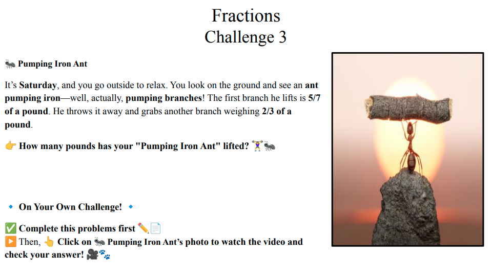 An ant lifts branches weighing 5/7 and 2/3 pounds in a fun math word problem for adding and subtracting fractions with unlike denominators