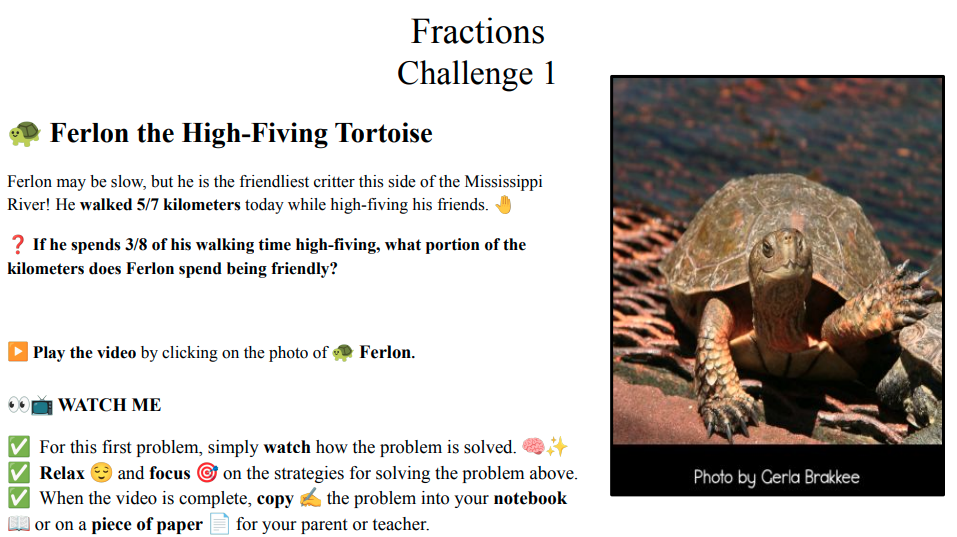 Fun math word problem showing Ferlon the critter multiplying fractions to find part of a distance walked