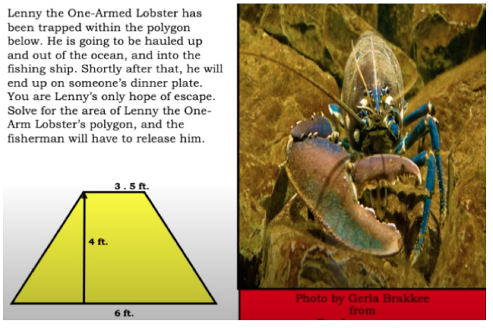 Lenny the One-Armed Lobster trapped in a trapezoid, part of a math word problem where students solve for area