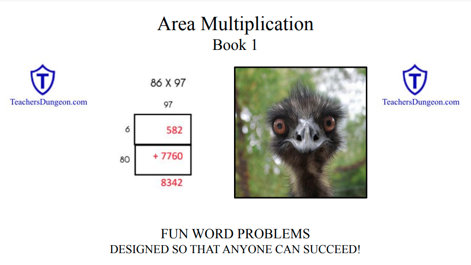 Step-by-step area multiplication strategy solving 86 times 97 using area boxes and skip counting for students who don’t know all their multiplication facts.